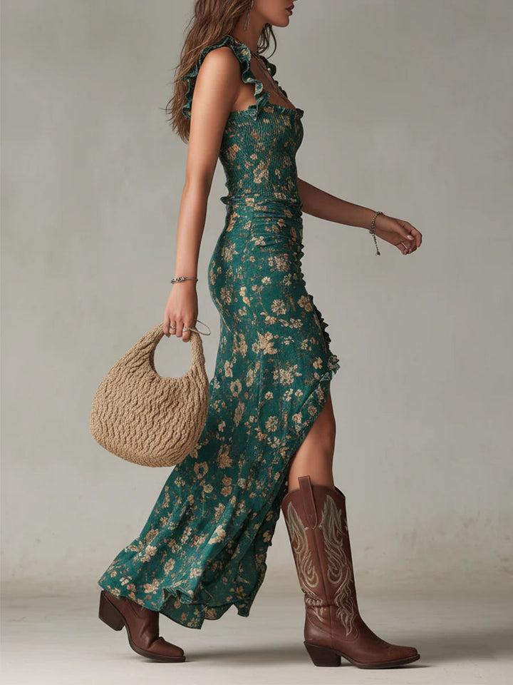 Elara | Ruched Floral Slit Dress