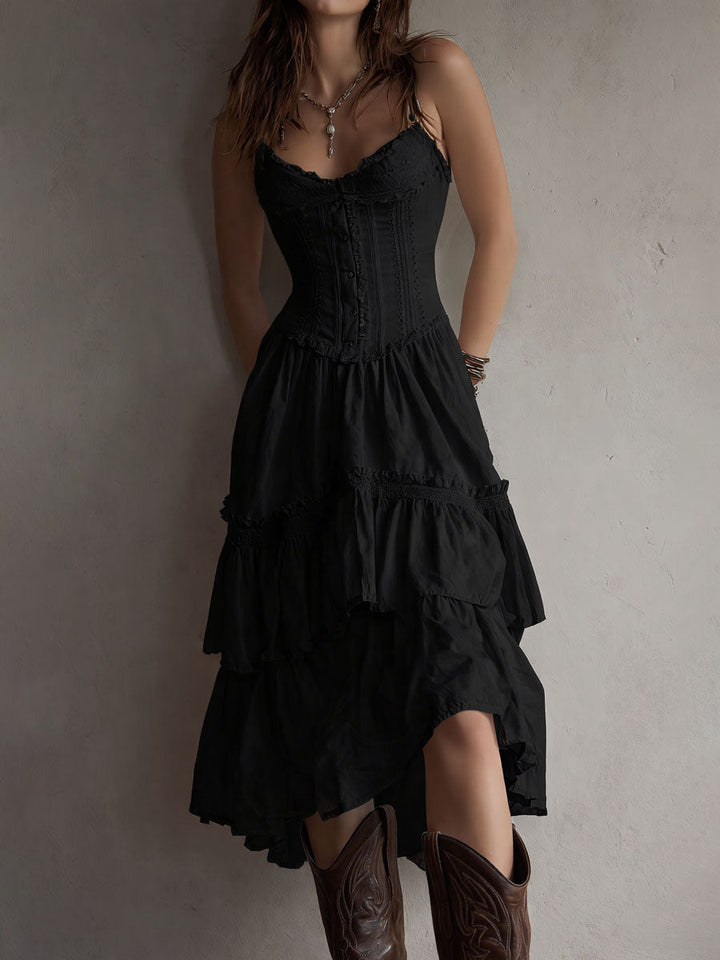 Retro Boho White Corset Tiered Midi Dress With Lace-Trim
