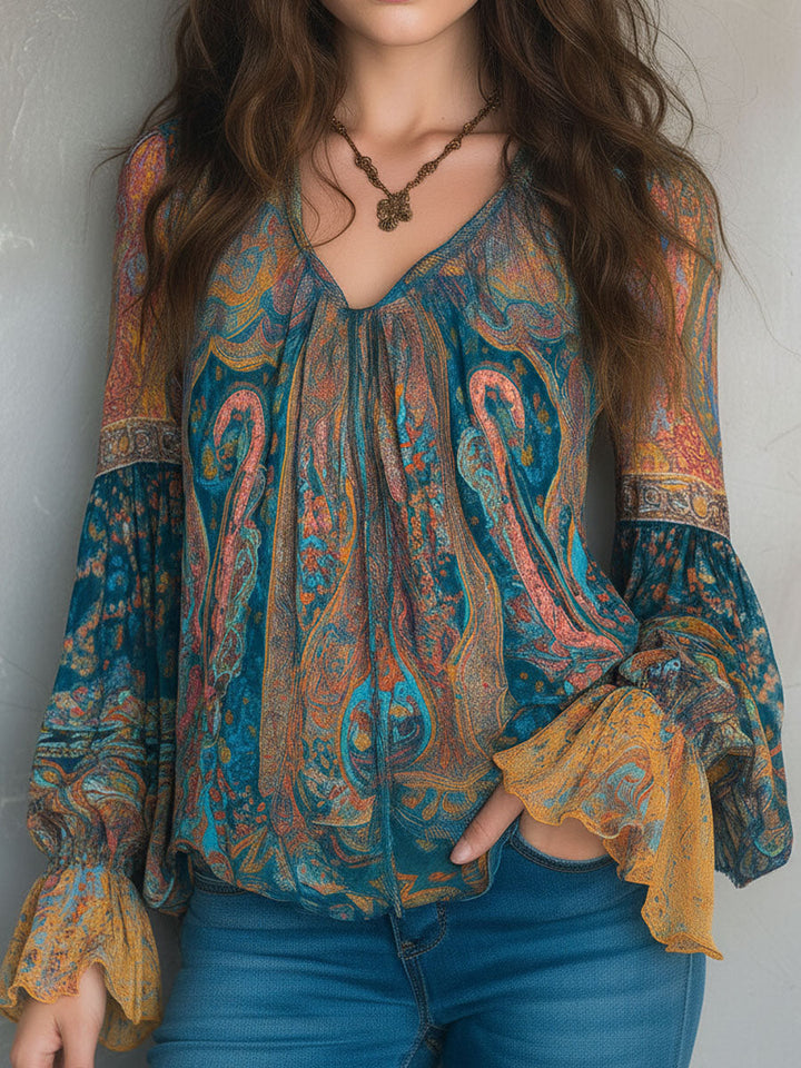 Sara™ | Bohemian Teal & Amber Paisley Chiffon Blouse With Ruffled Cuffs