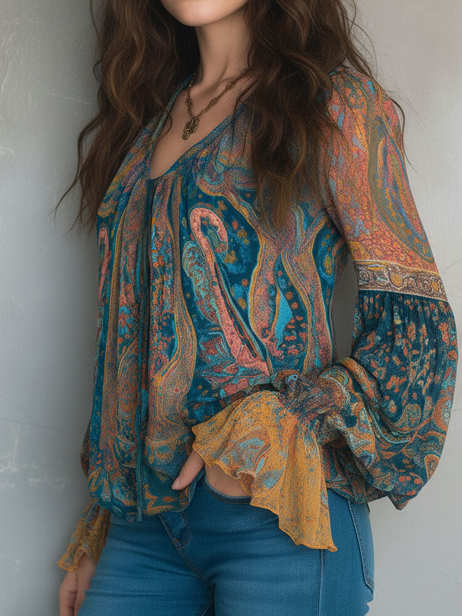 Sara™ | Bohemian Teal & Amber Paisley Chiffon Blouse With Ruffled Cuffs