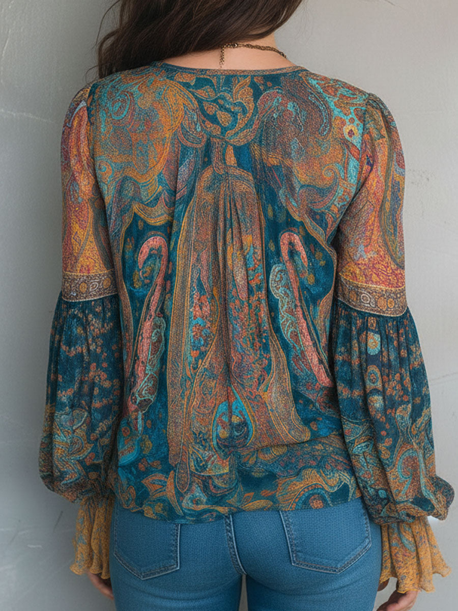 Sara™ | Bohemian Teal & Amber Paisley Chiffon Blouse With Ruffled Cuffs