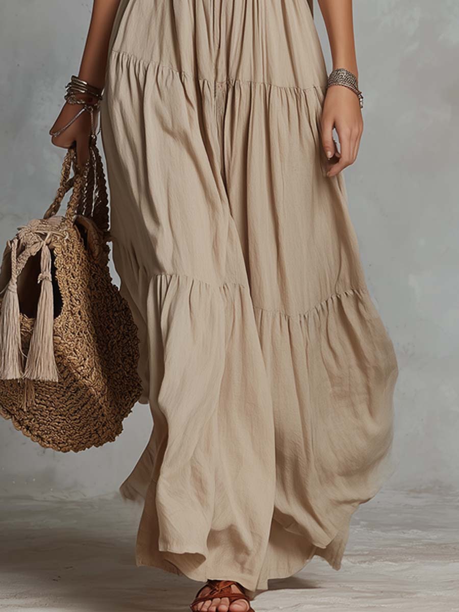 Retro Lace-Collar Cotton-Linen Maxi Dress