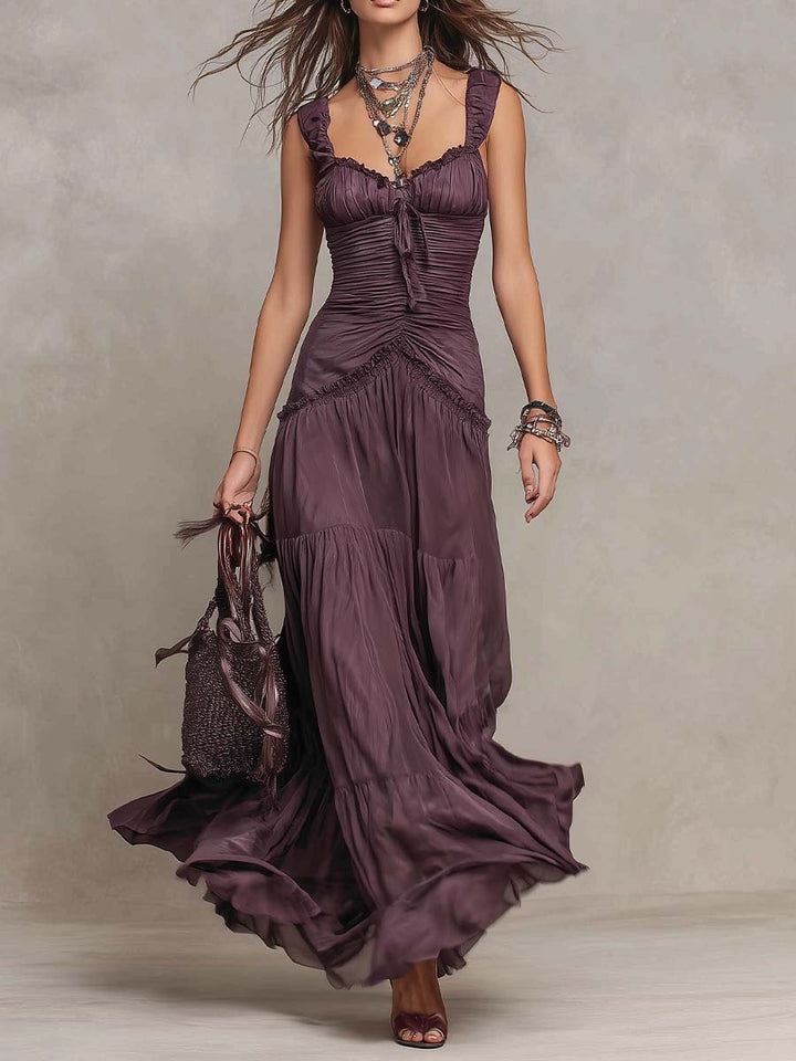 Bohemian Ruffle Ruched Tiered Chiffon Maxi Dress