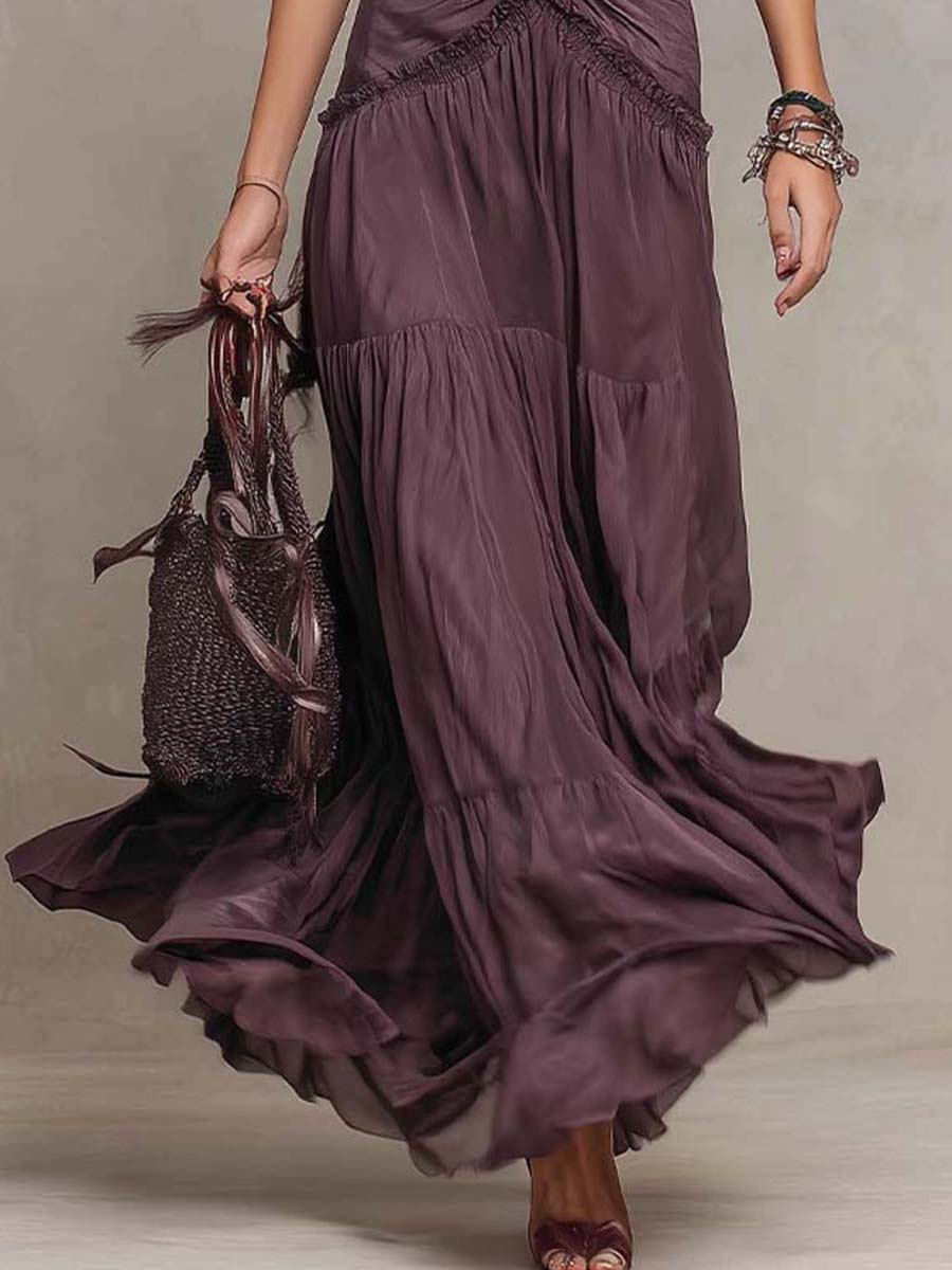 Bohemian Ruffle Ruched Tiered Chiffon Maxi Dress