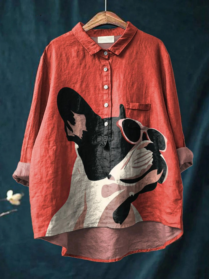 Decorative Pattern of French Bulldog Wearing Sunglasses On Red Background Casual  Shirt