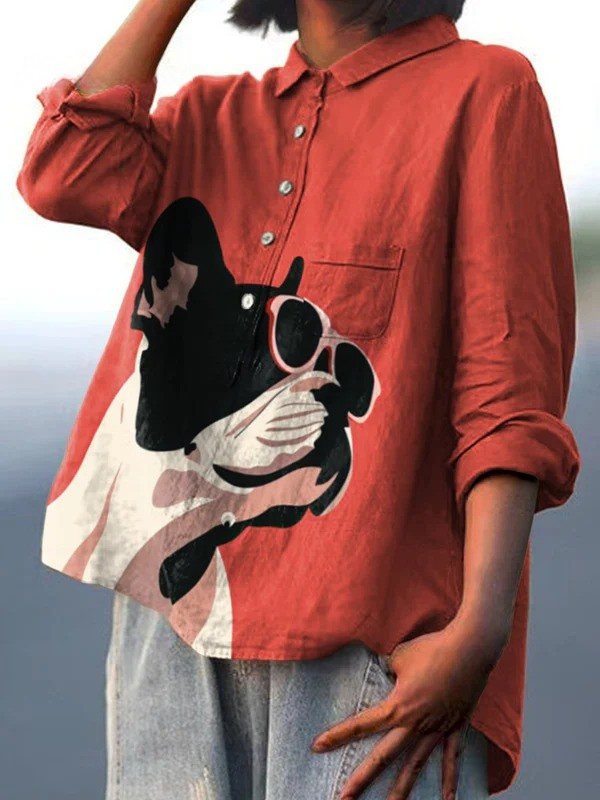 Decorative Pattern of French Bulldog Wearing Sunglasses On Red Background Casual  Shirt