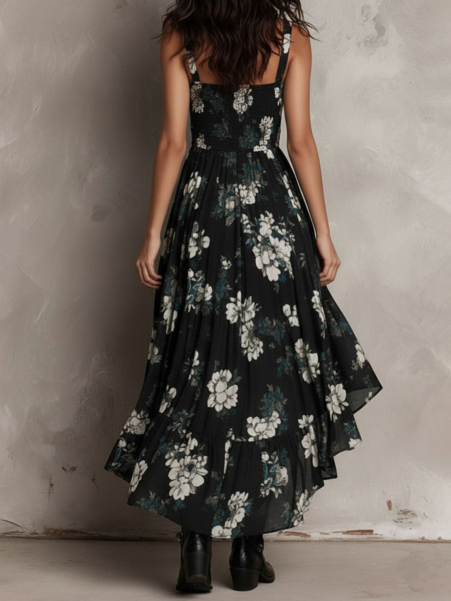Boho Floral Print High-Low Ruffled Midi Dress