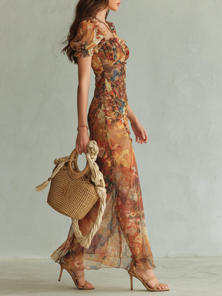Boho Holiday Oil Painting Printed Chiffon Maxi Dress
