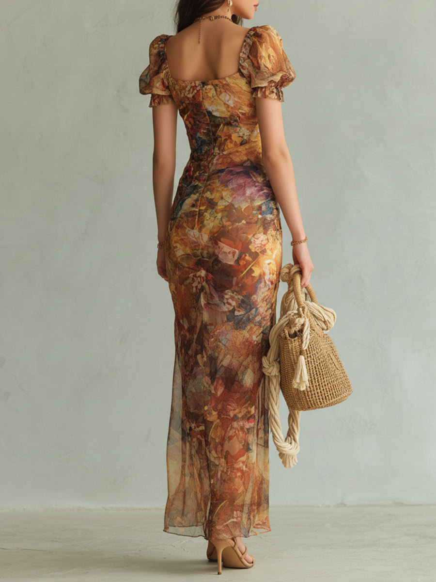 Boho Holiday Oil Painting Printed Chiffon Maxi Dress