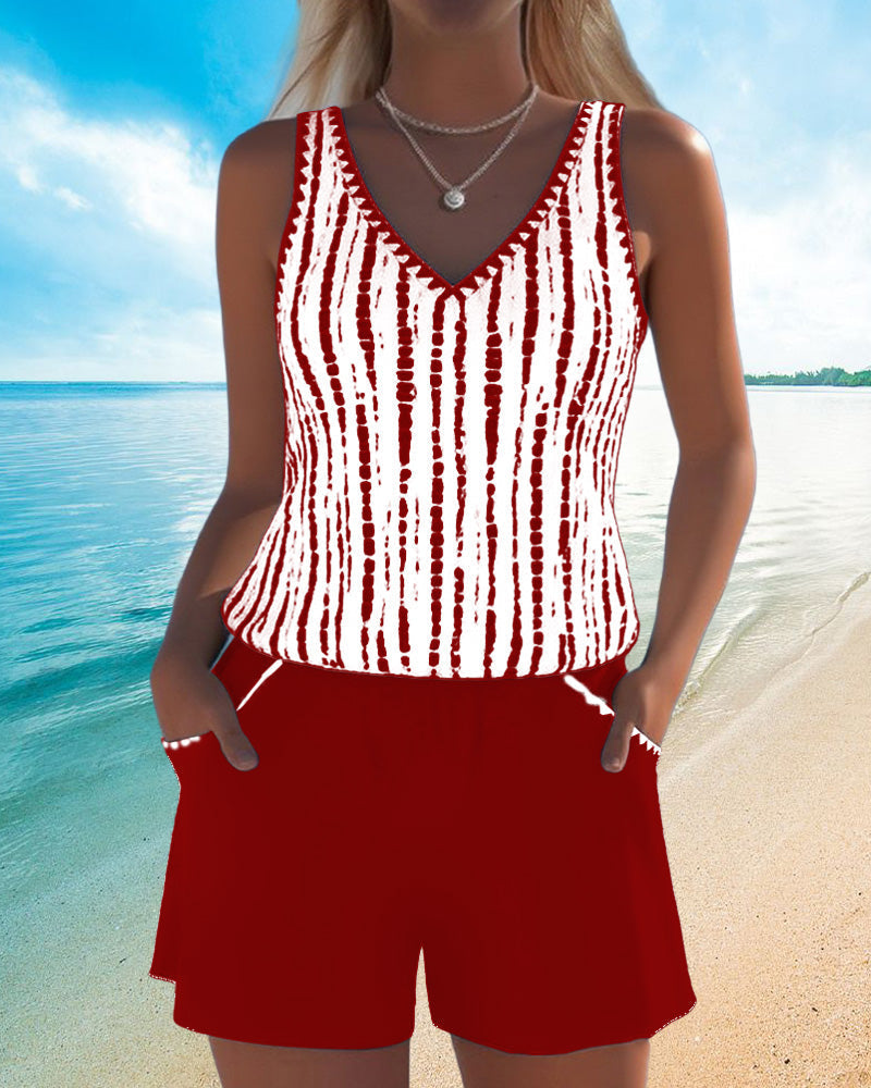 Mia™ | Casual Two Piece Printed V-Neck Swimsuit with Pockets