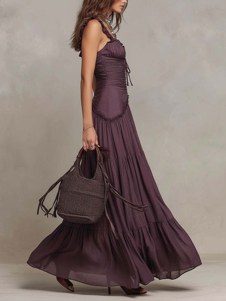 Bohemian Ruffle Ruched Tiered Chiffon Maxi Dress