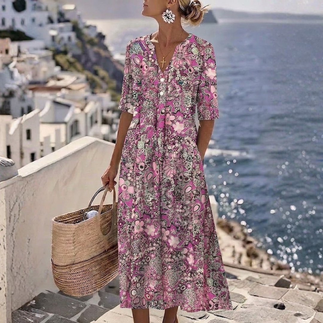 Janice™ | Elegant Summer Midi Dress with Belly Cover