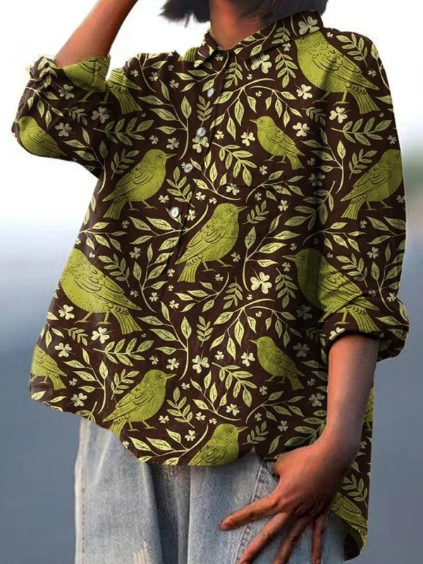 Women's Vintage Floral Birds Art Print Casual Shirt