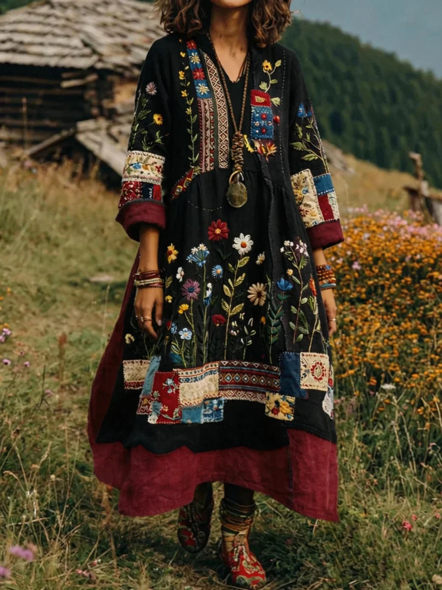 Eresha - Casual Long Sleeve Dress With Floral Print