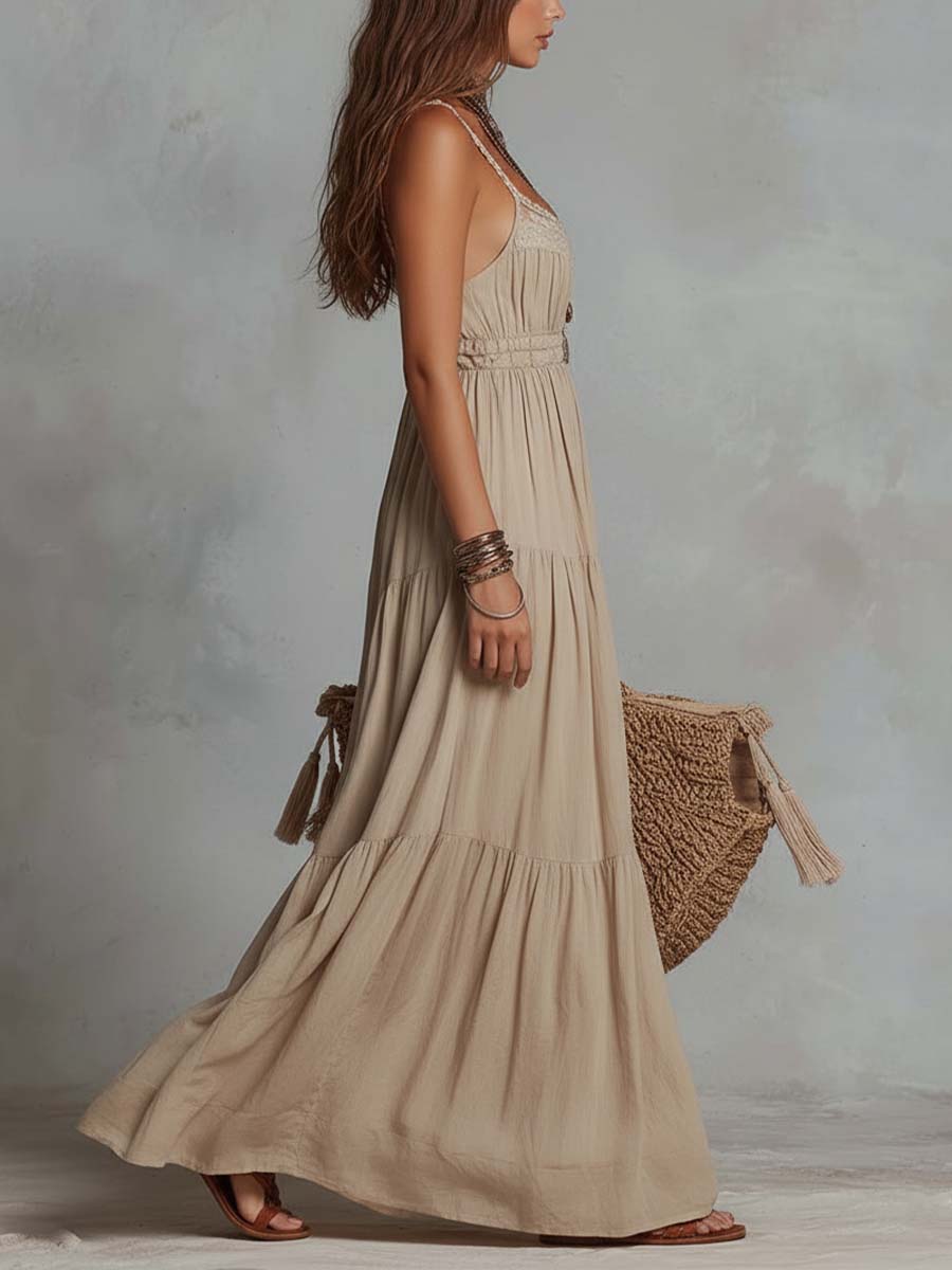 Retro Lace-Collar Cotton-Linen Maxi Dress