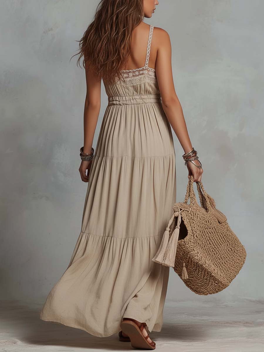 Retro Lace-Collar Cotton-Linen Maxi Dress