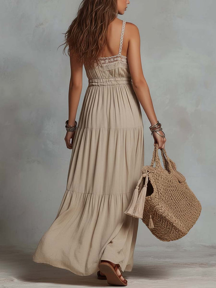 Retro Lace-Collar Cotton-Linen Maxi Dress