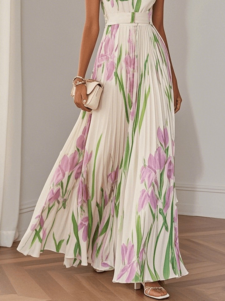 Marie | White Pleated Floral Chiffon Maxi Dress