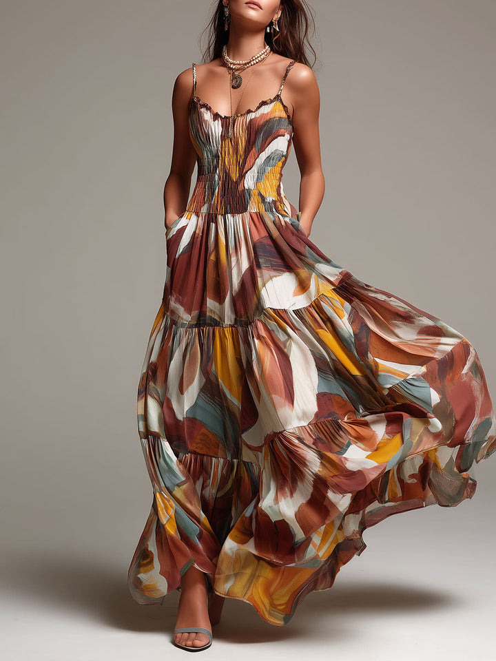 Boho Abstract Multicolor Smocked Bodice Maxi Dress