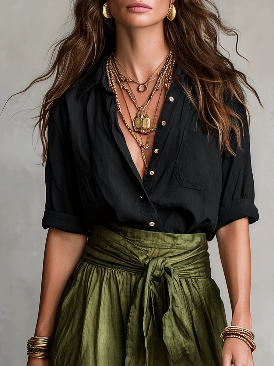 Vera™ | Two-Piece Set: Black T-Shirt and Olive Green Midi Skirt