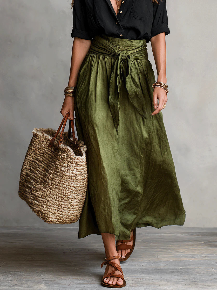 Vera™ | Two-Piece Set: Black T-Shirt and Olive Green Midi Skirt