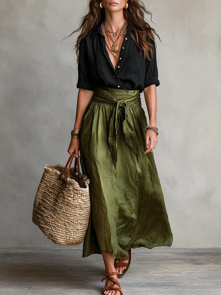 Vera™ | Two-Piece Set: Black T-Shirt and Olive Green Midi Skirt