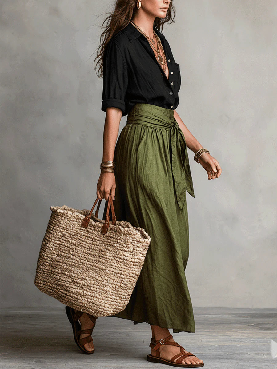 Vera™ | Two-Piece Set: Black T-Shirt and Olive Green Midi Skirt