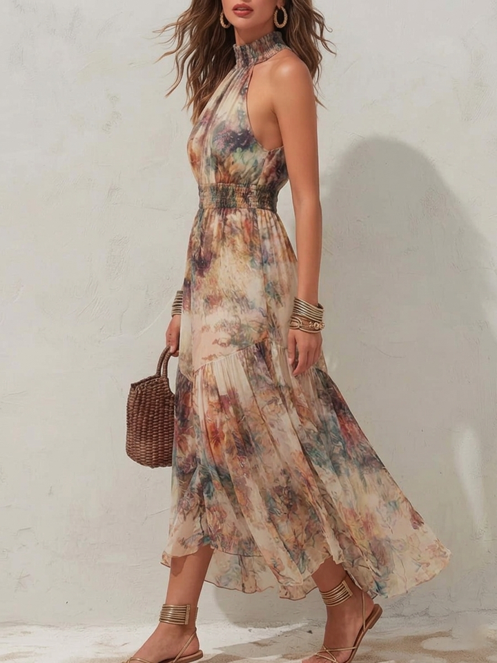 Elise | Soft Floral Halter Maxi Dress