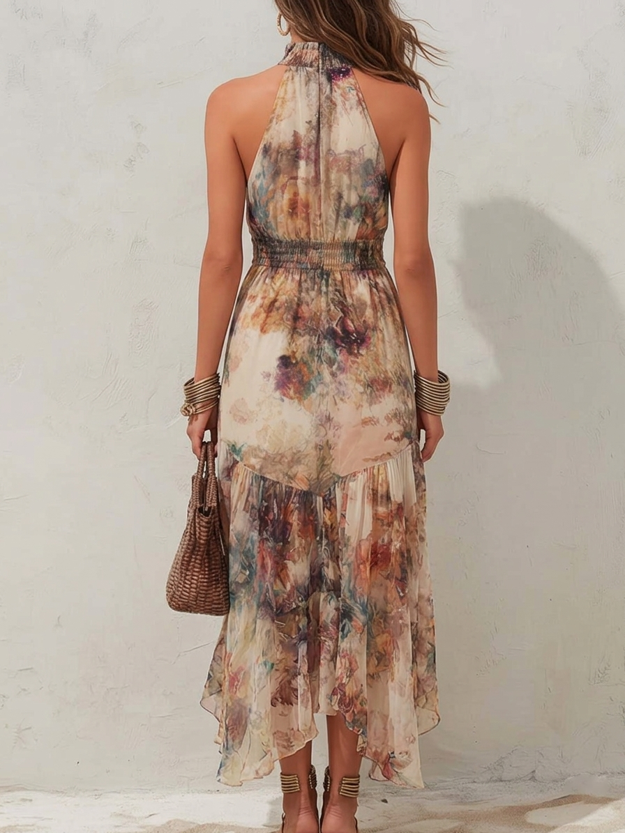Elise | Soft Floral Halter Maxi Dress