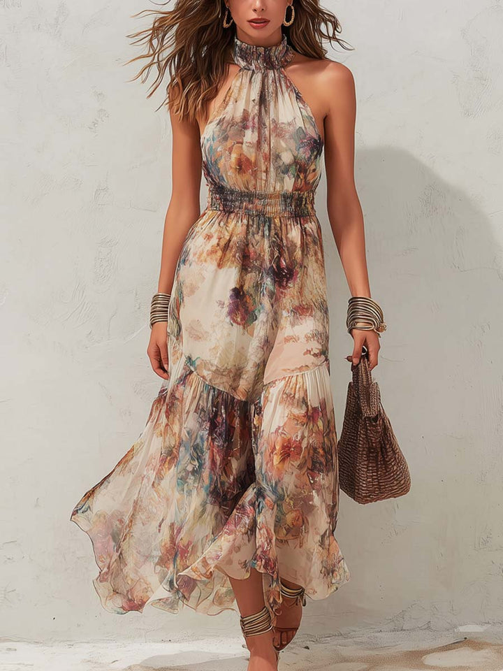 Elise | Soft Floral Halter Maxi Dress