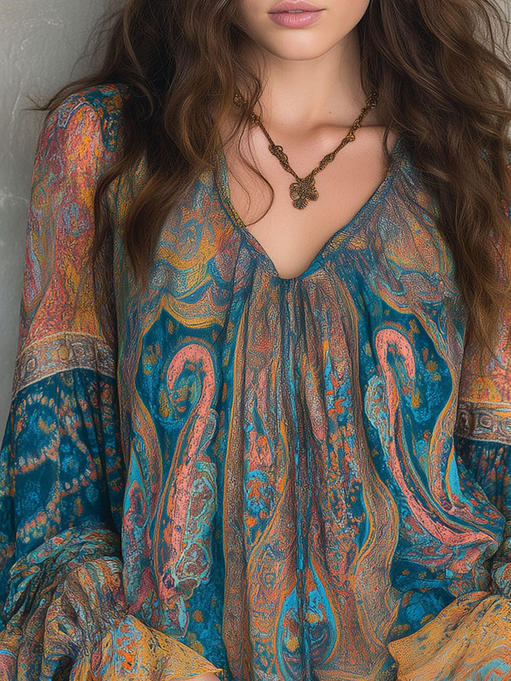 Sara™ | Bohemian Teal & Amber Paisley Chiffon Blouse With Ruffled Cuffs