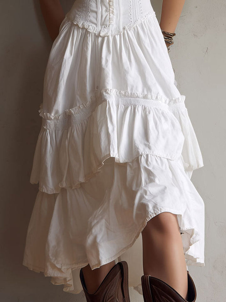 Retro Boho White Corset Tiered Midi Dress With Lace-Trim