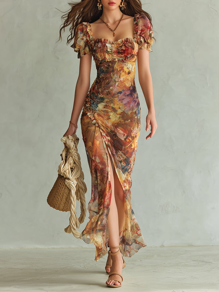 Boho Holiday Oil Painting Printed Chiffon Maxi Dress