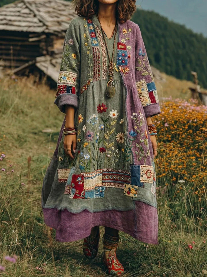Eresha - Casual Long Sleeve Dress With Floral Print