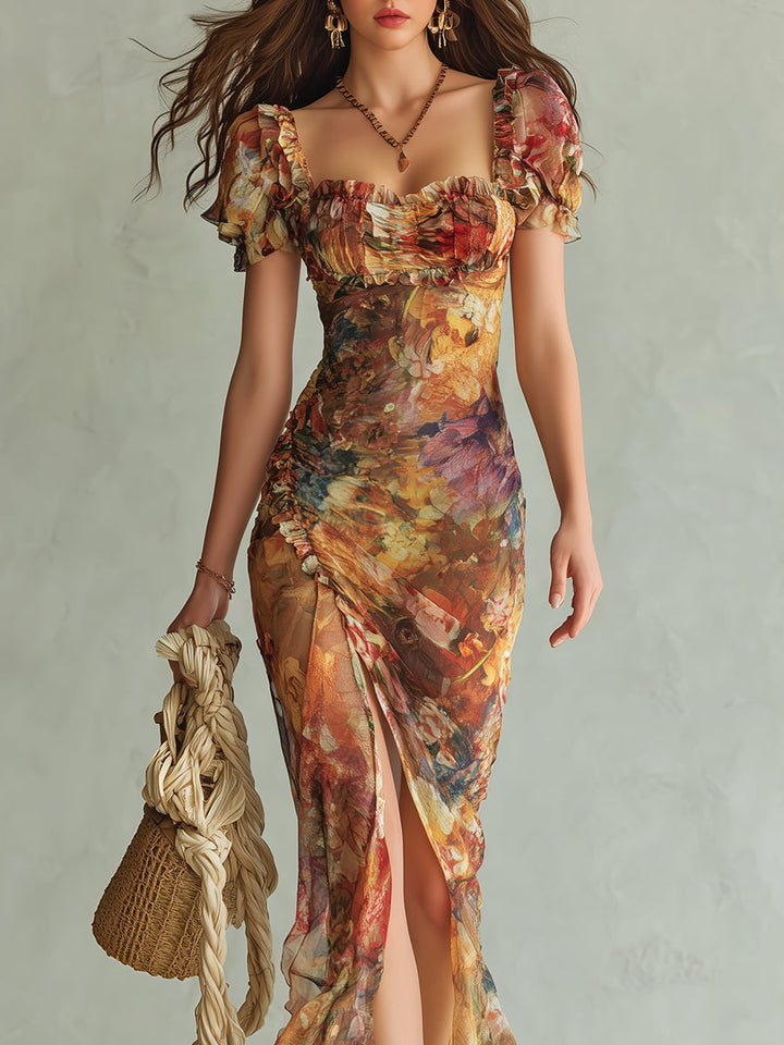 Boho Holiday Oil Painting Printed Chiffon Maxi Dress