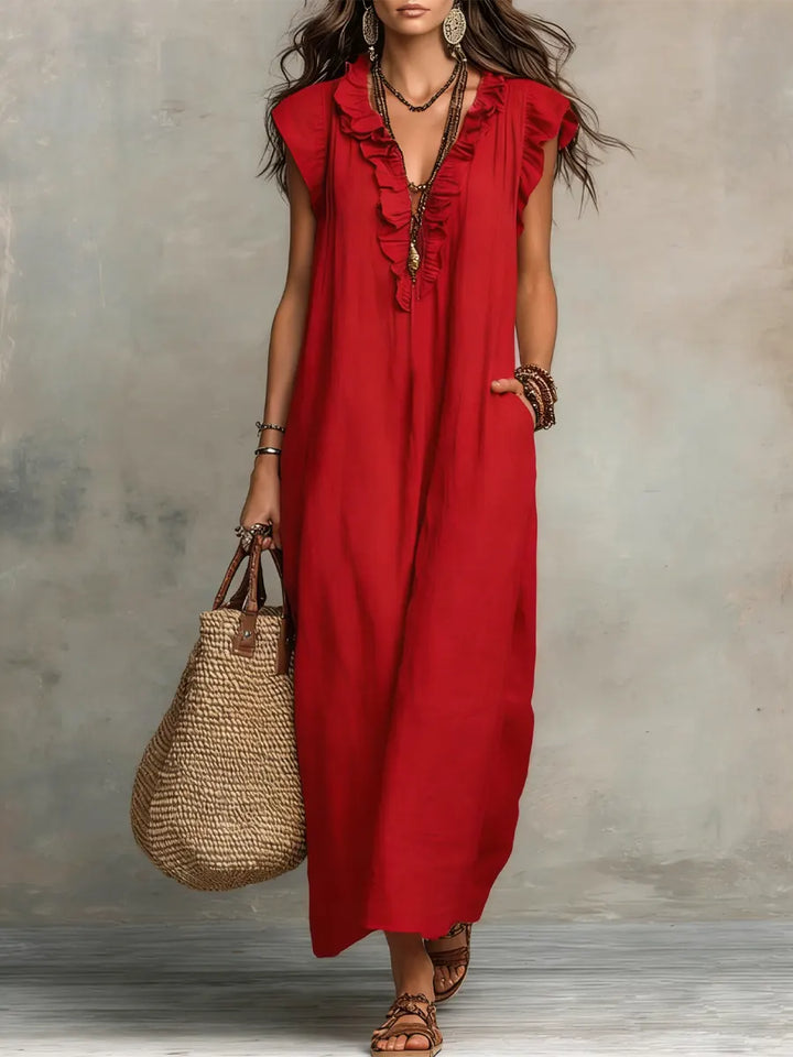 Josette | Ruffle V-Neck Linen Maxi Dress