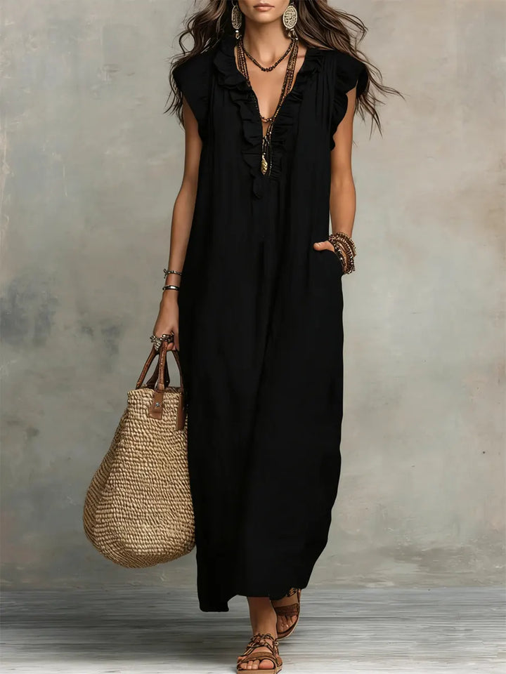 Josette | Ruffle V-Neck Linen Maxi Dress