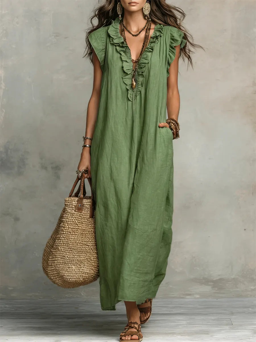 Josette | Ruffle V-Neck Linen Maxi Dress