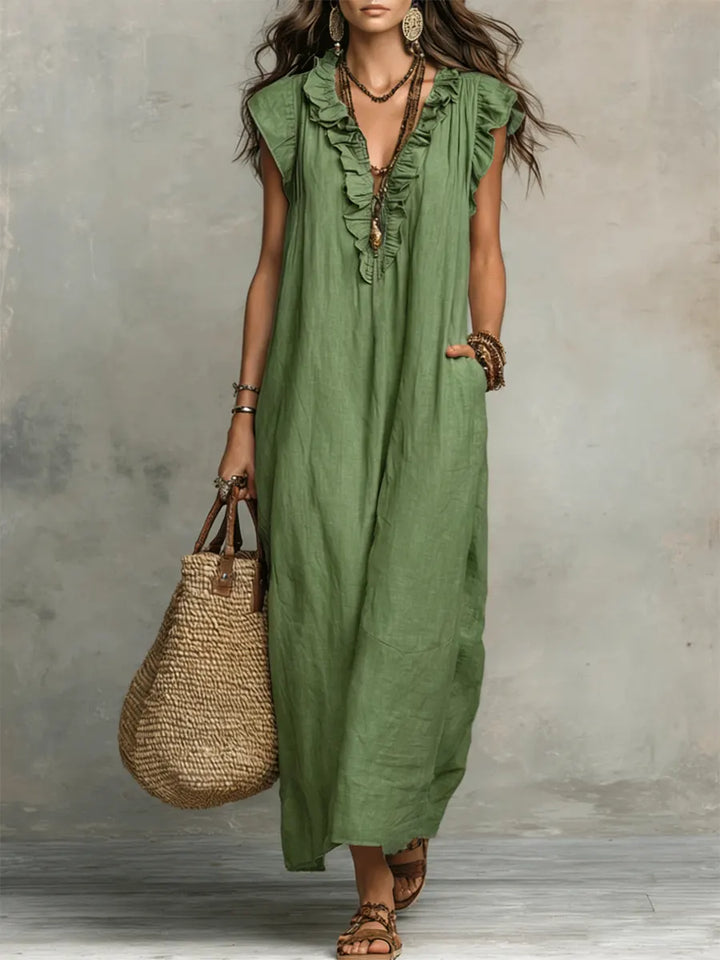 Josette | Ruffle V-Neck Linen Maxi Dress