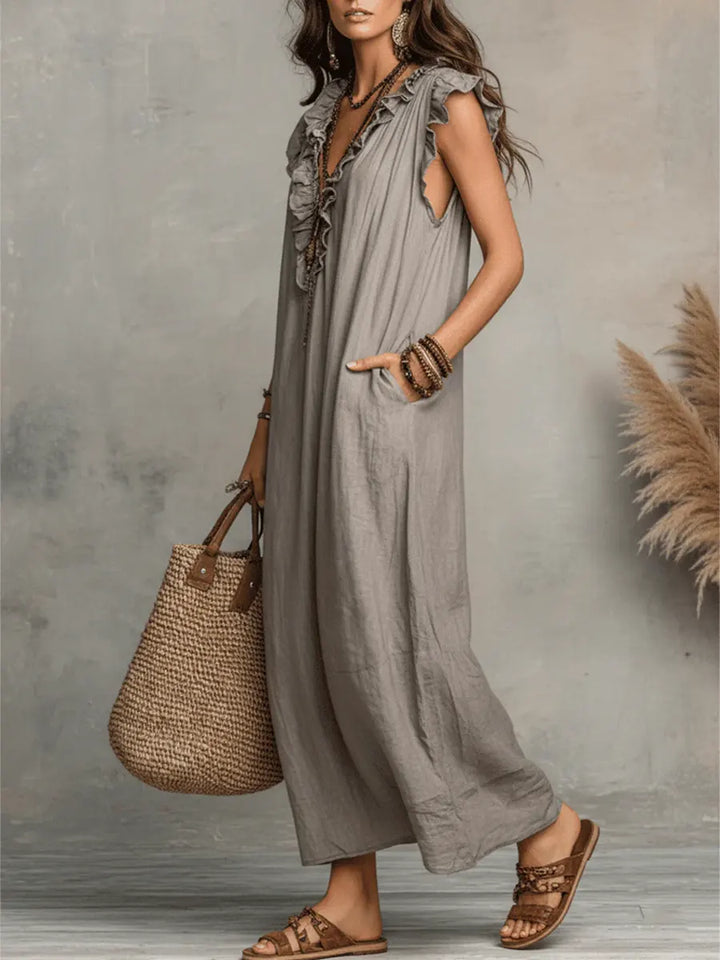 Josette | Ruffle V-Neck Linen Maxi Dress