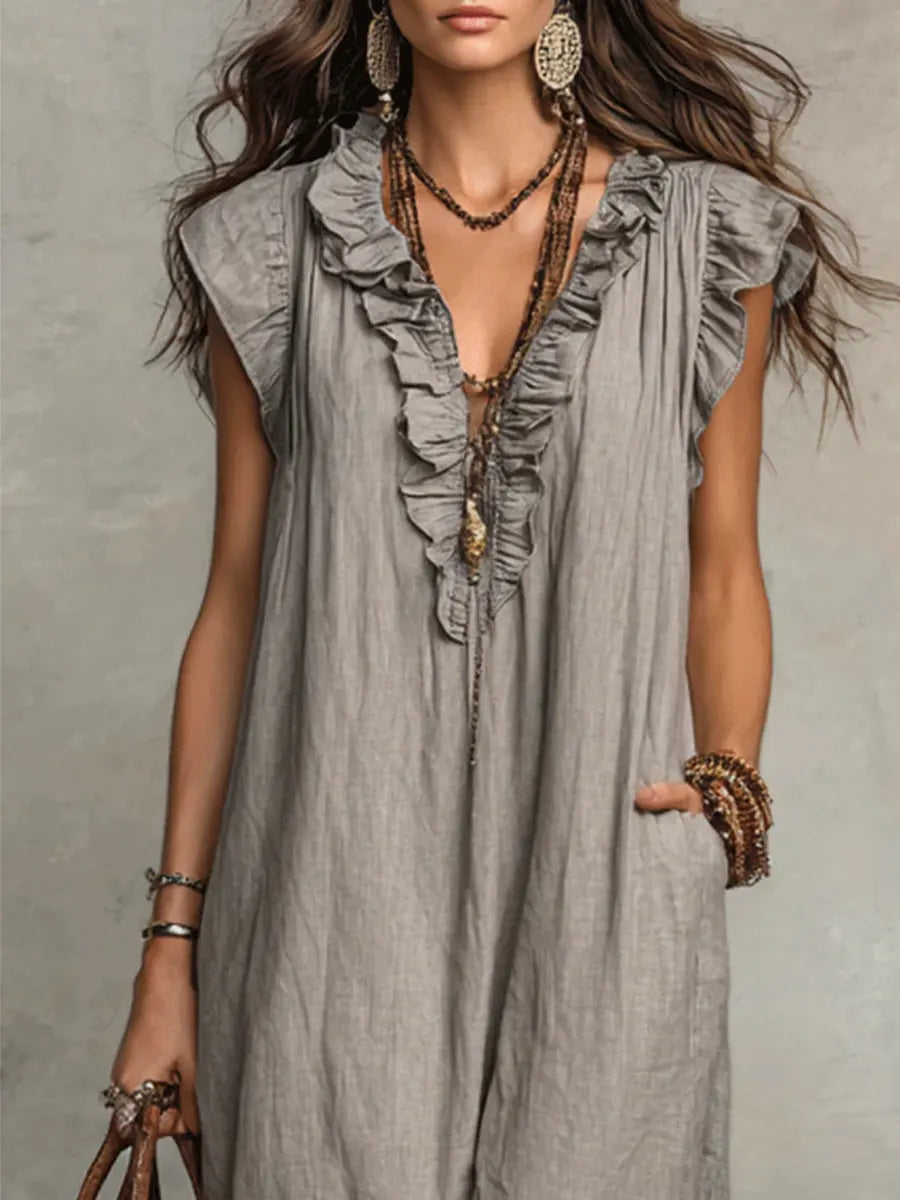 Josette | Ruffle V-Neck Linen Maxi Dress