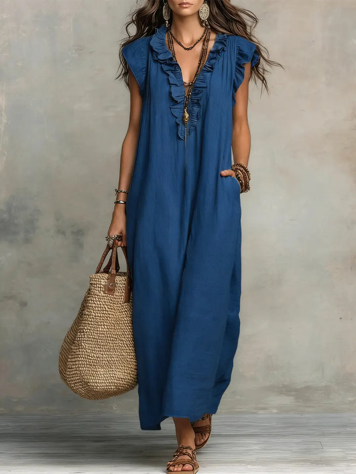 Josette | Ruffle V-Neck Linen Maxi Dress