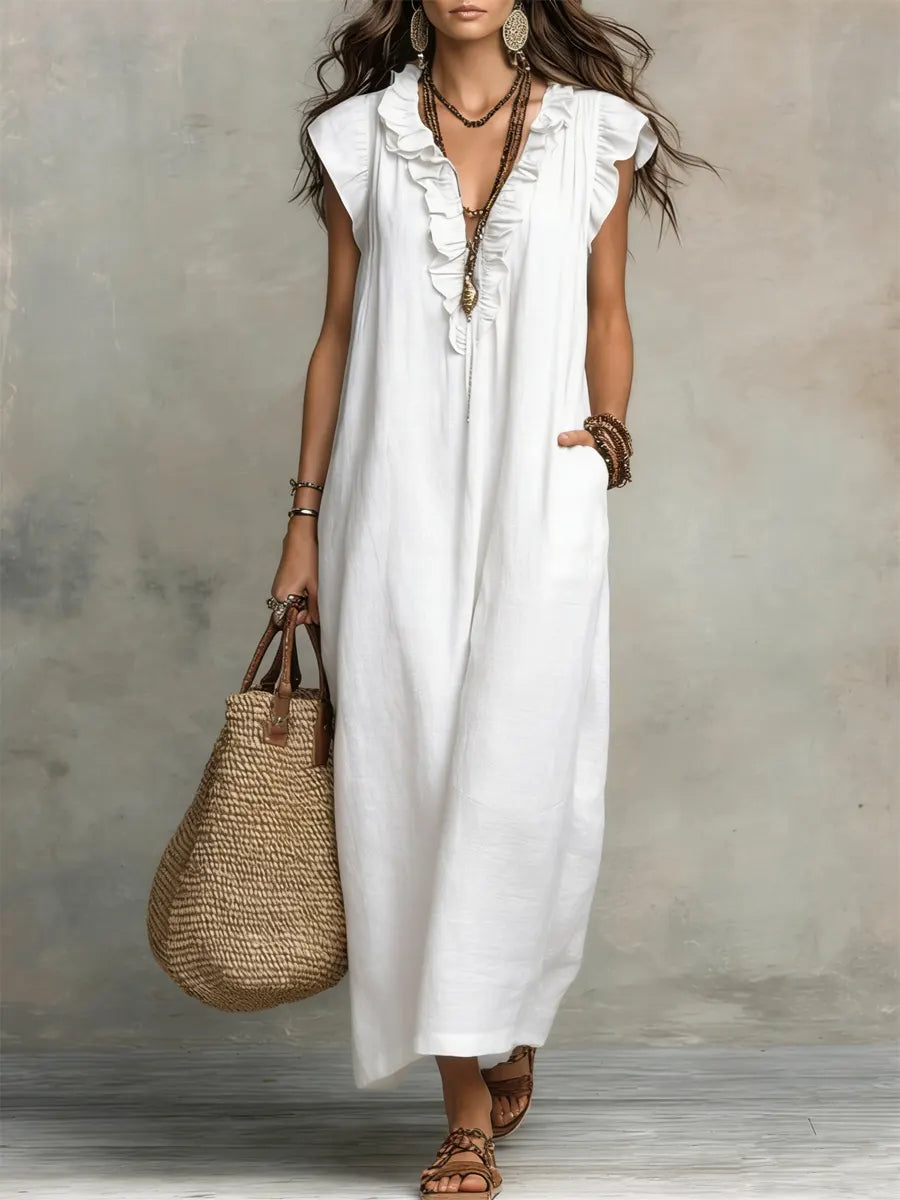 Josette | Ruffle V-Neck Linen Maxi Dress