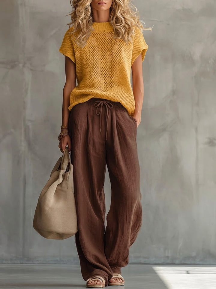 Casual Knitted Pullover Top And Linen-cotton Trousers Two-piece Set