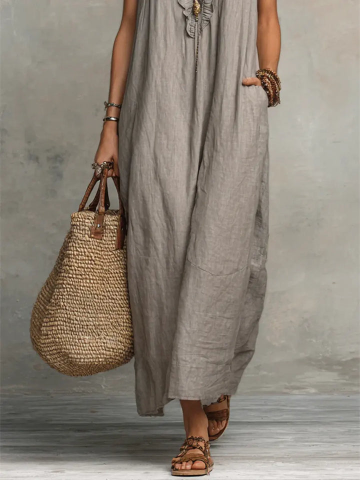 Josette | Ruffle V-Neck Linen Maxi Dress