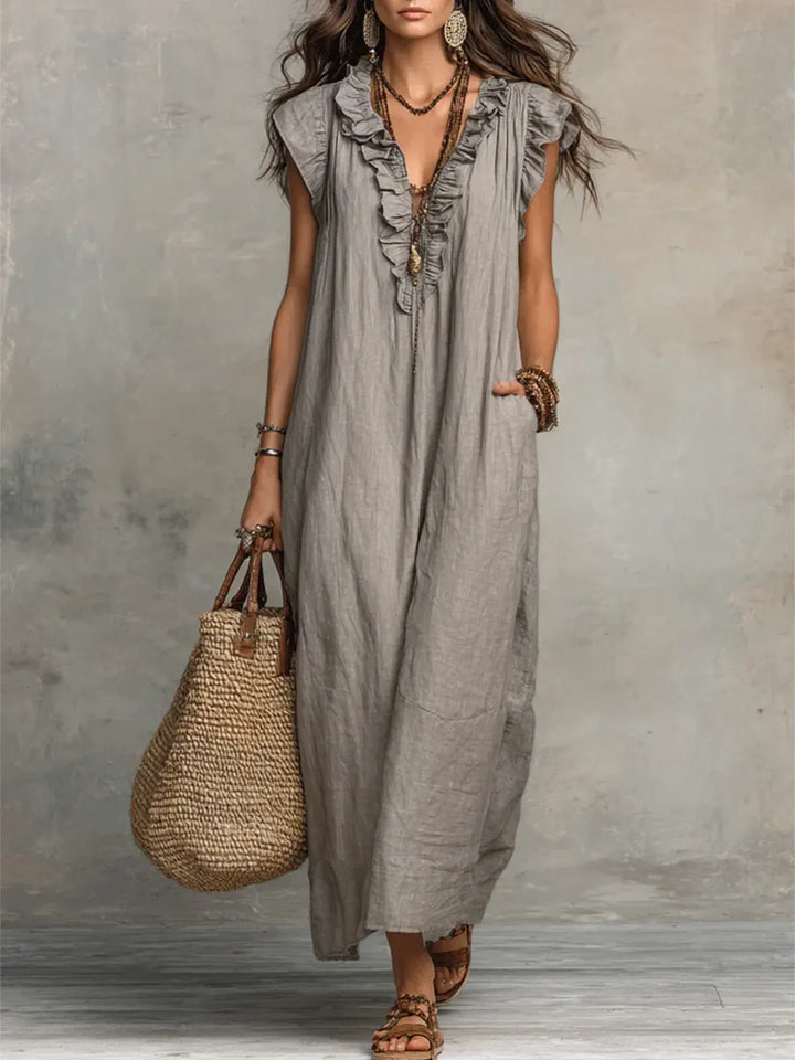 Josette | Ruffle V-Neck Linen Maxi Dress