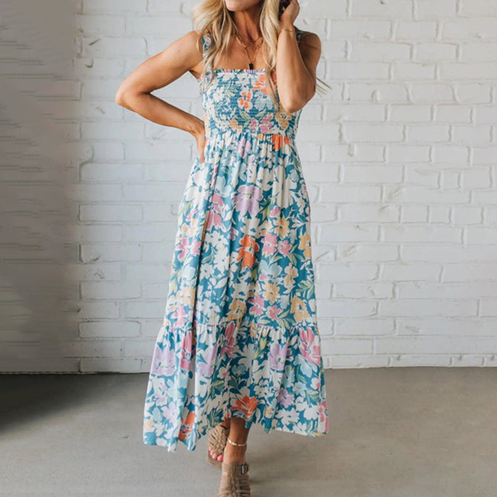 Floral Maxi Dress Smocked Bodice Adjustable Straps