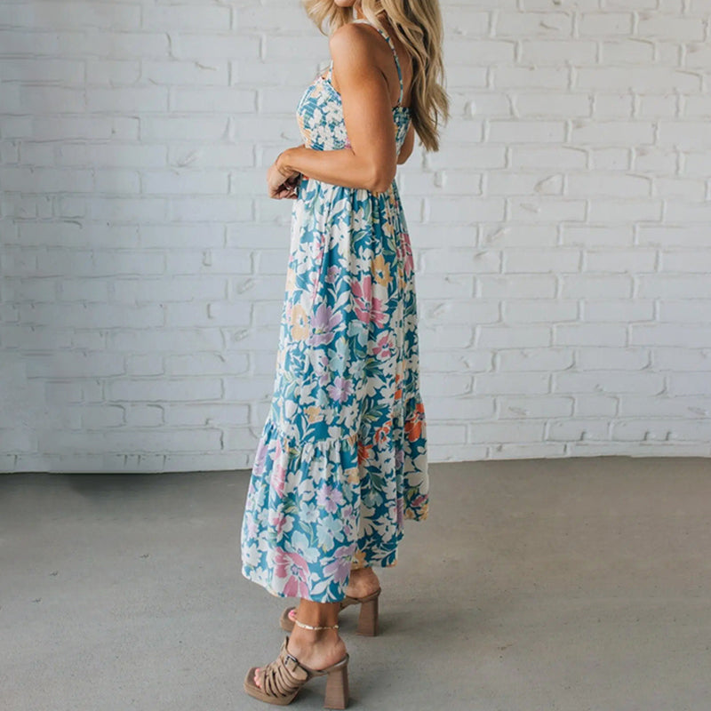 Floral Maxi Dress Smocked Bodice Adjustable Straps