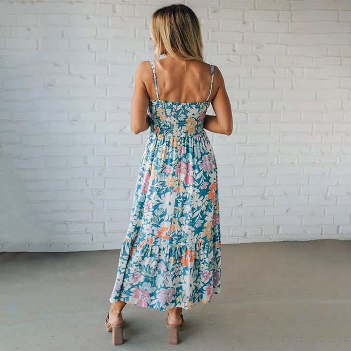 Floral Maxi Dress Smocked Bodice Adjustable Straps