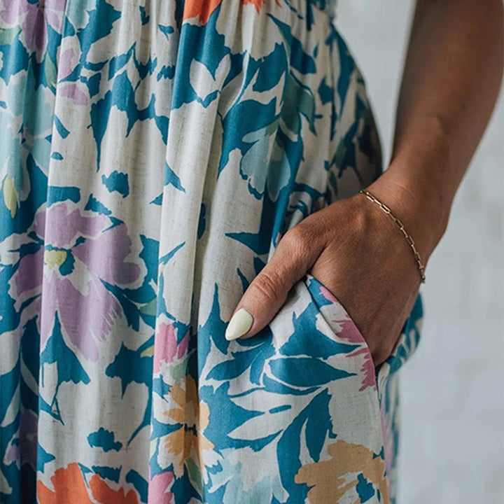 Floral Maxi Dress Smocked Bodice Adjustable Straps
